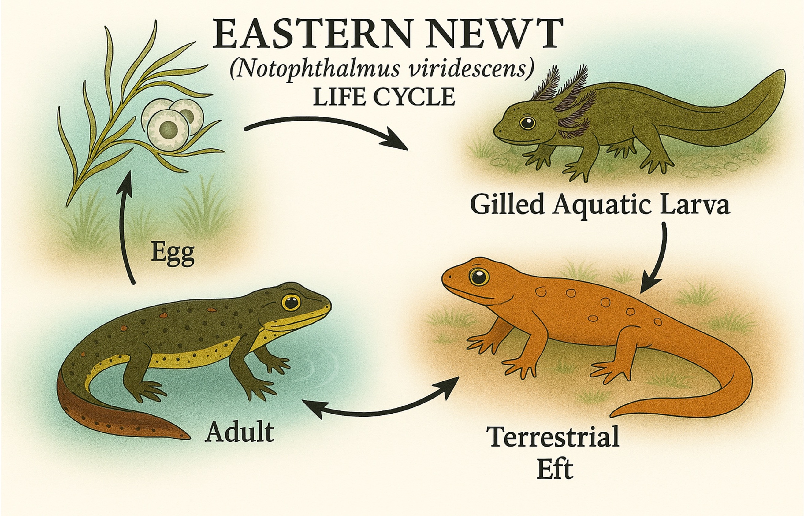 Image details the life cycle of the eastern newt, a species commonly found in Michigan. Eastern newts start as eggs, transition to gilled aquatic larva, can become terrestrial efts, and finally return to aquatic environments as an adult.